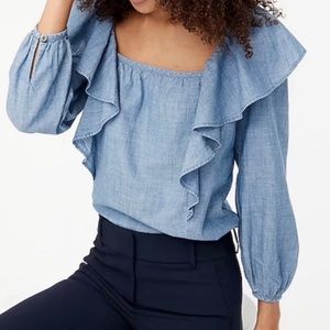 J.Crew Size M Chambray Ruffles Long Sleeve Top Blouse